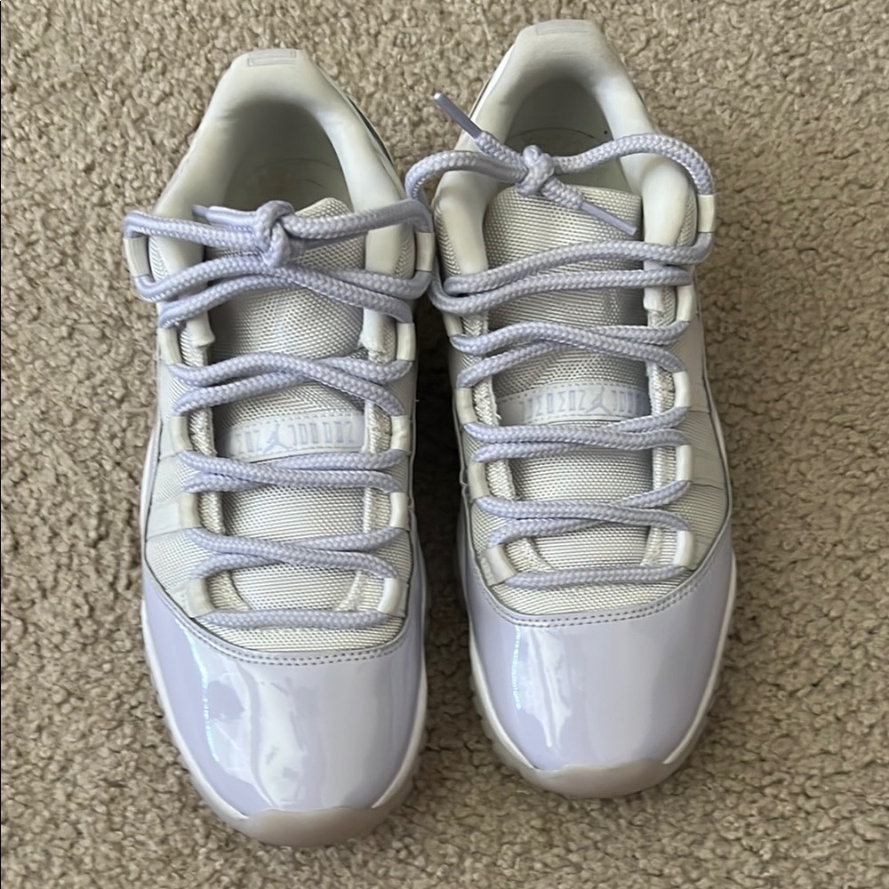 Nike White and Violet Jordan 11 Athletic Shoes with Patent Finish
